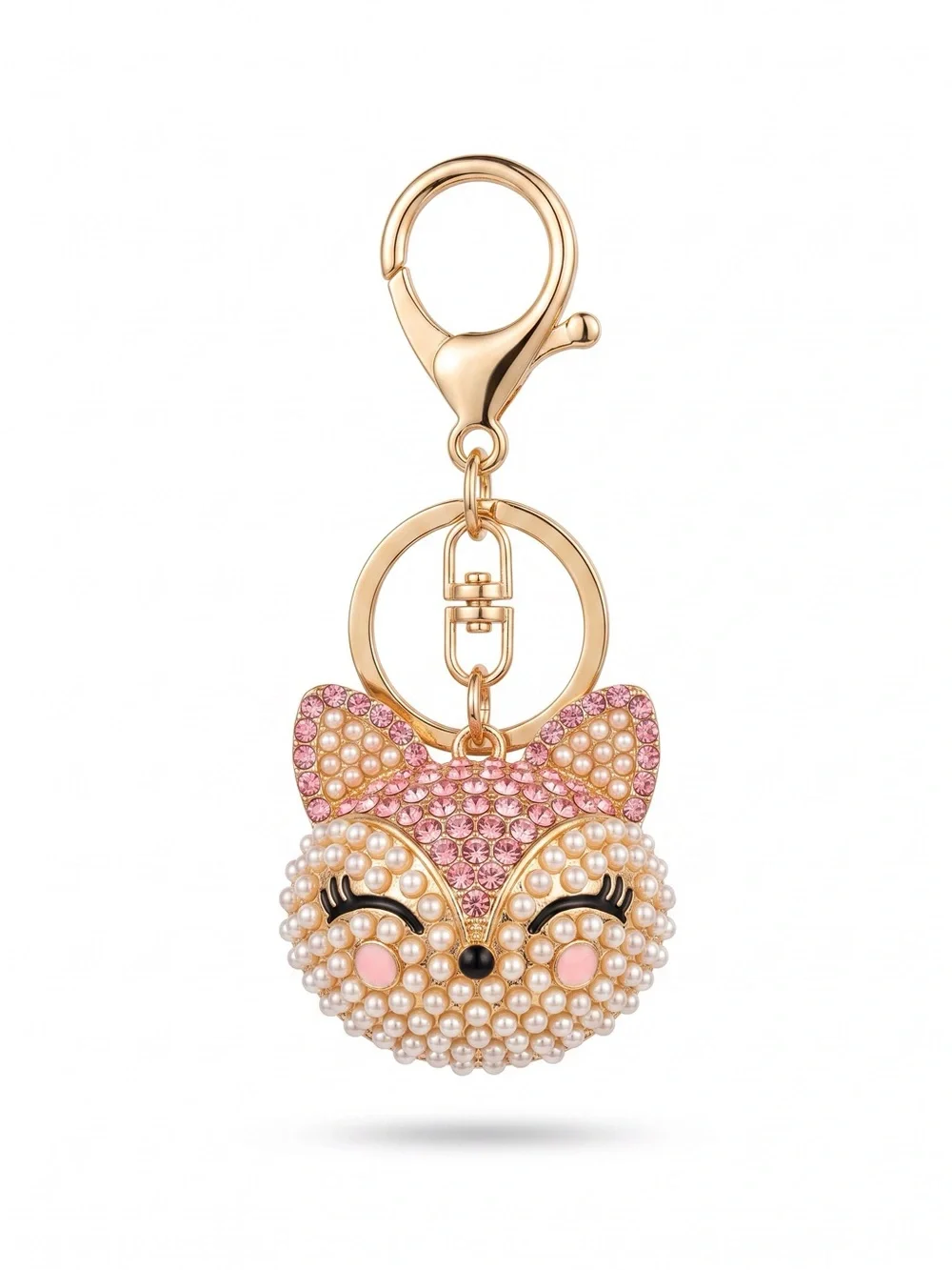 Pink Pearl Fox Rhinestone Keychain Bag Charm Gold Tone NWOT